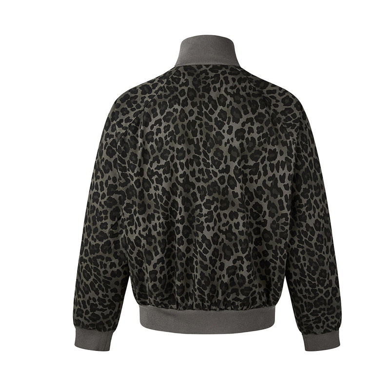 Leopard Print Track Jacket with Striped Sleeve Tape and Mock Neck Zip