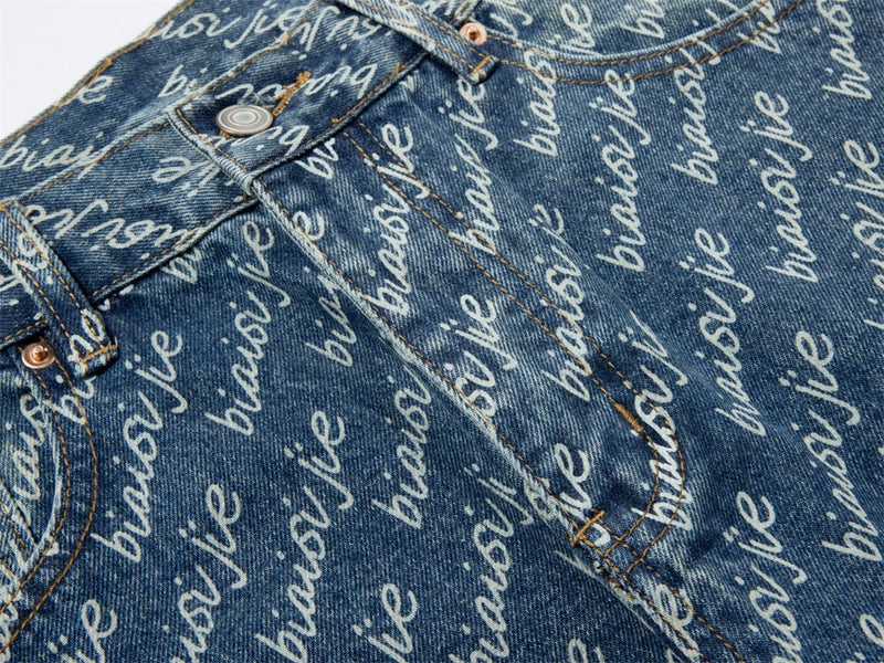 Men's Wide-Leg Jeans – Allover Script Letter Print, Loose Straight Fit