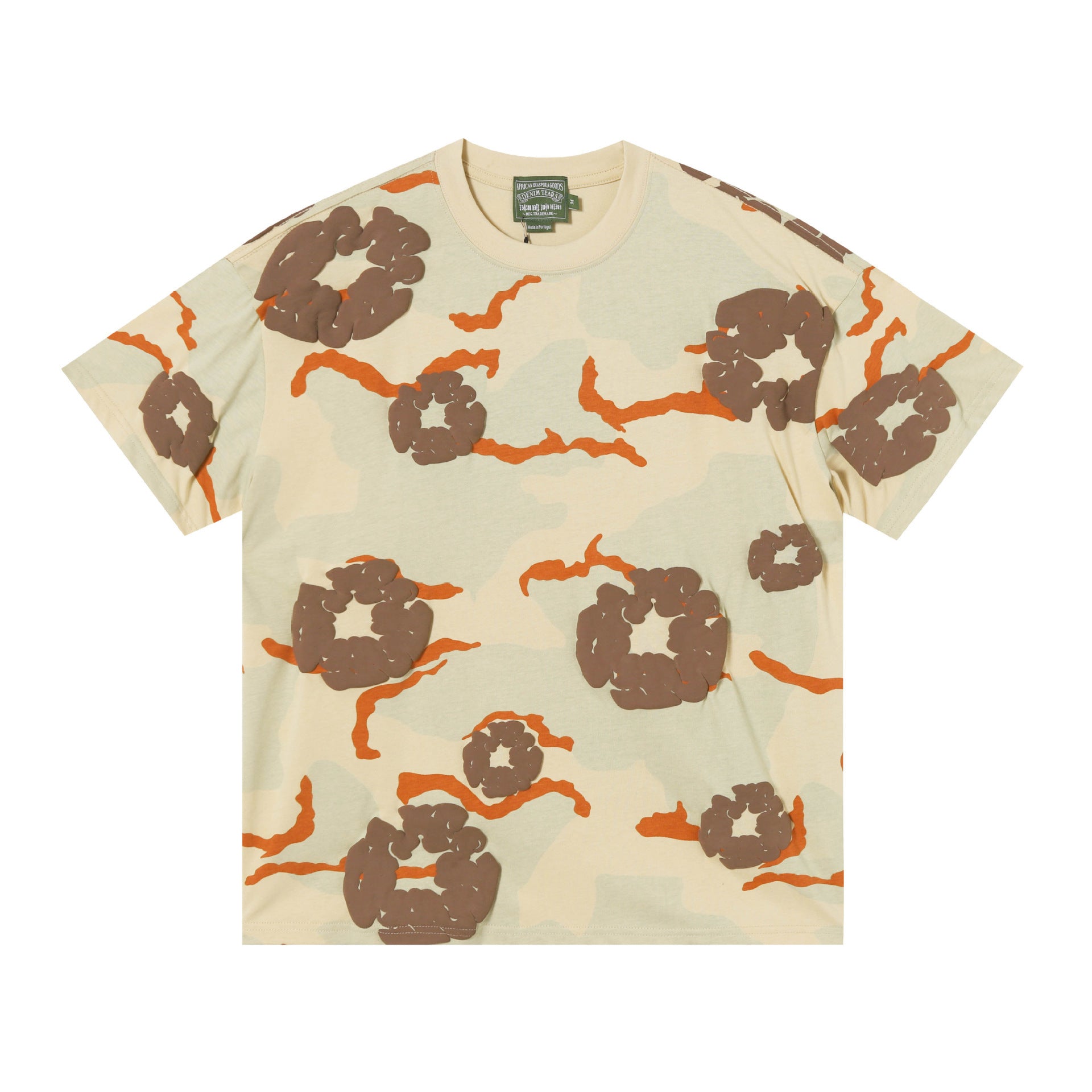 Denim Tears beige T-shirt with allover brown floral wreath and orange camo print, flat lay front view