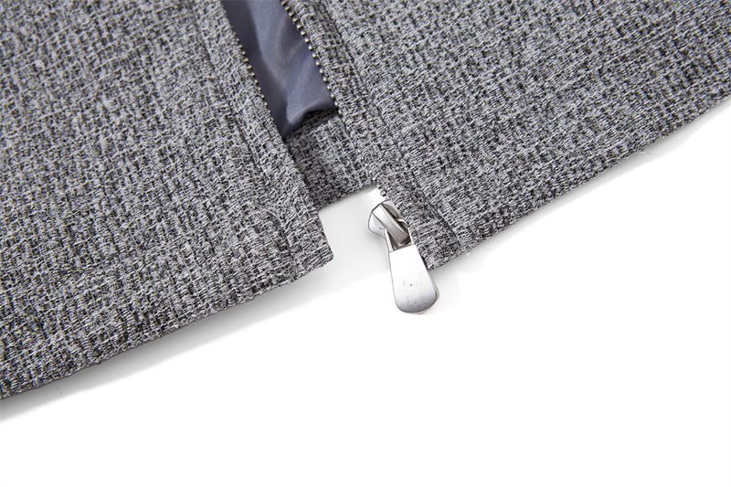 Wolljacke mit Reißverschluss – Herrenjacke aus grauem Tweedgewebe mit kontrastierendem Lederkragen