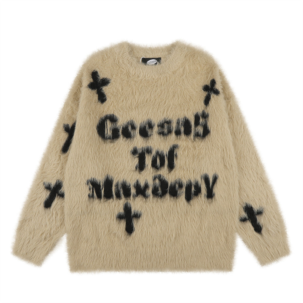 Pull homme oversize en maille jacquard croix duveteuse – Pull gothique à col rond