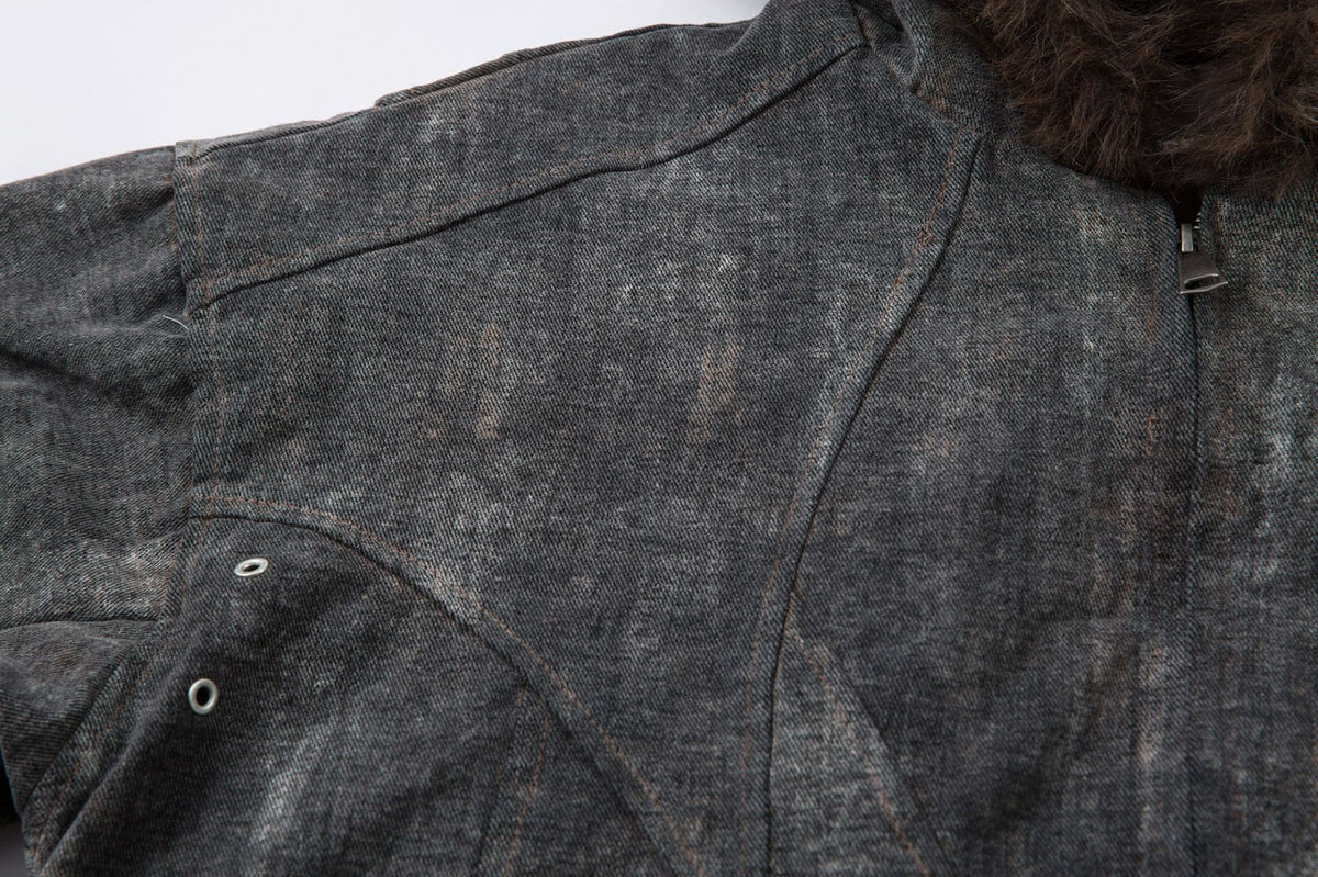 Washed Denim Bomber Jacket with Faux Fur Hood – Vintage American Style