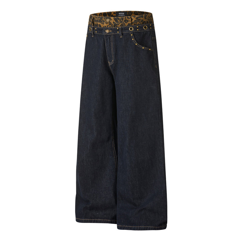 Wide-Leg Jeans with Leopard Print Double Waistband – Men's Dark Indigo Denim