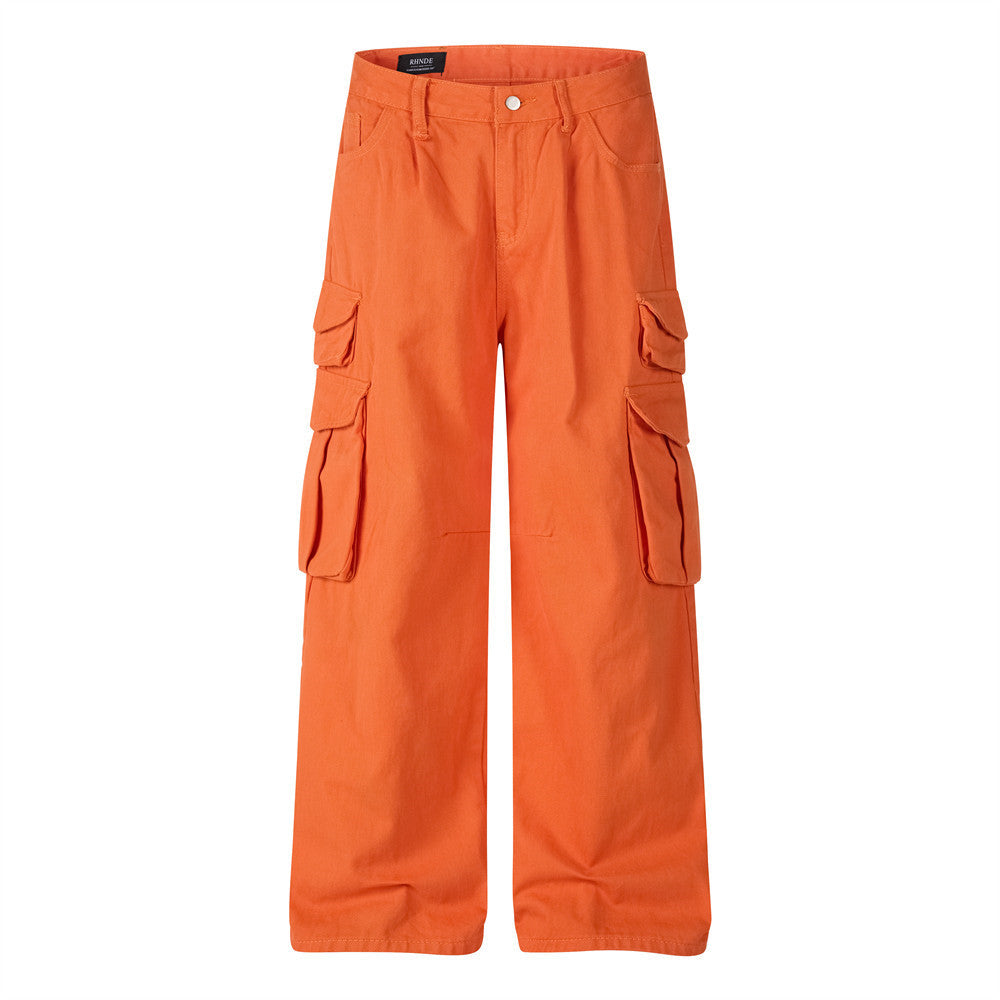 Orange wide-leg cargo pants with multiple utility pockets, front and back view