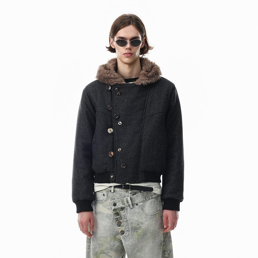 Fur-Trim Hooded Wool-Blend Bomber Jacket with Asymmetric Button Placket
