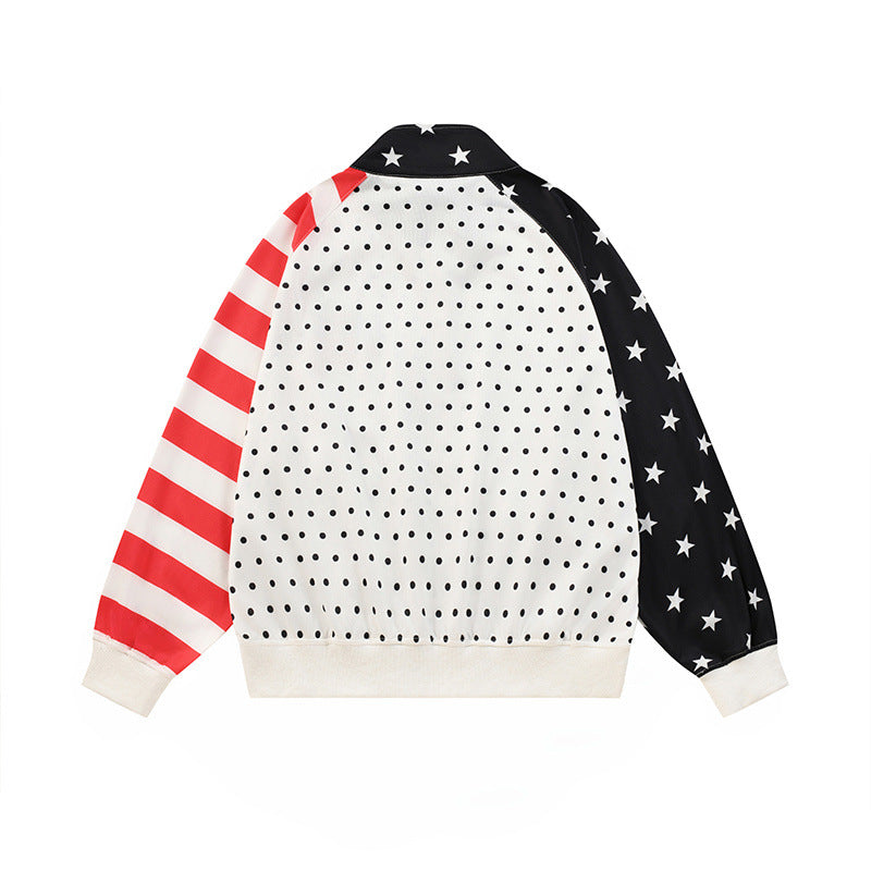 Polka Dot Colorblock Stand Collar Zip-Up Jacket – Stars & Stripes Patchwork