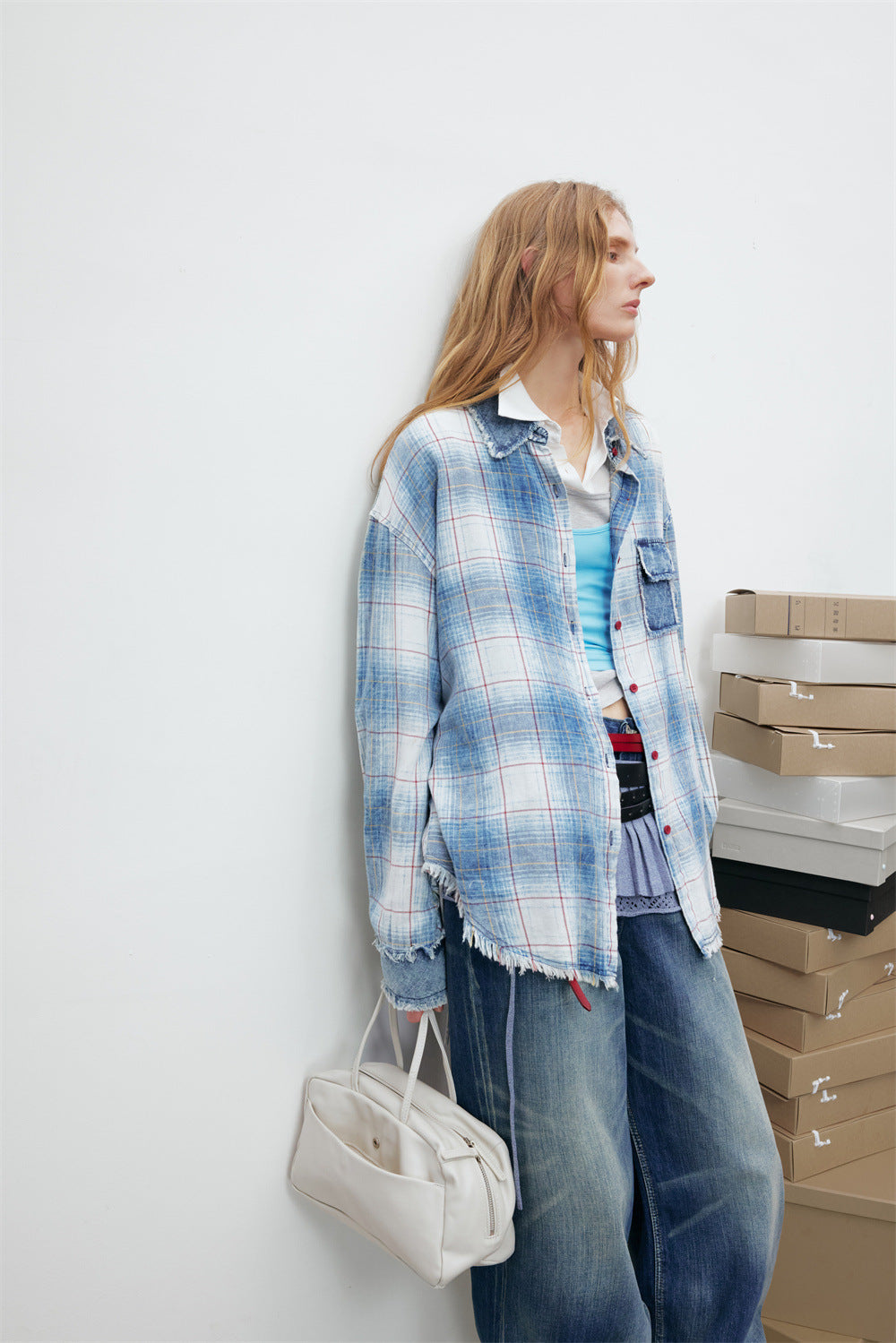 Oversized Washed Plaid Long Sleeve Shirt with Denim Patch Detail