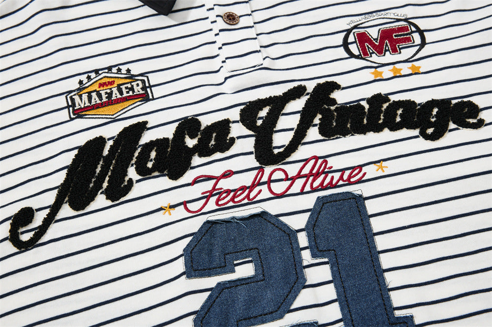 Striped Long Sleeve Shirt Mens Polo — Varsity Embroidery, Relaxed Fit