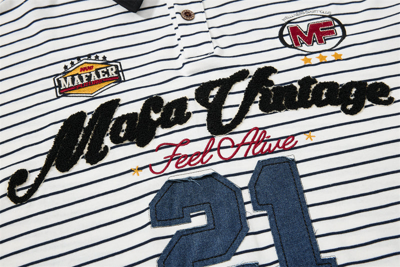 Striped Long Sleeve Shirt Mens Polo — Varsity Embroidery, Relaxed Fit