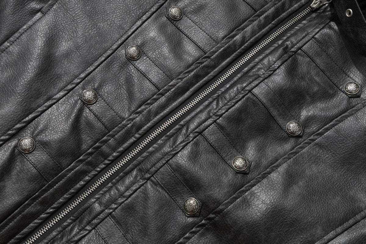 Gothic Cross Moto Jacket – Padded Faux Leather with Military Buttons & Cross