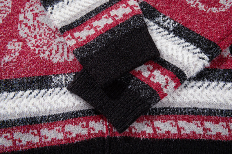 Paisley Fair Isle Knit Zip-Up Hoodie with Faux Fur Trim