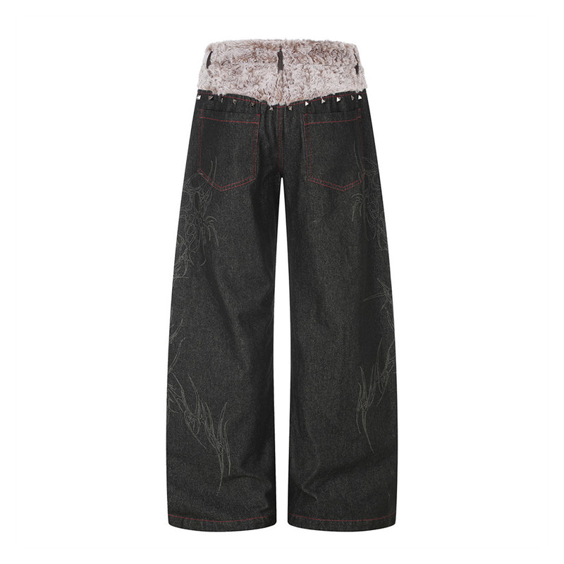 Schwarze Wide-Leg-Jeans mit Kunstfell-Kontrastbund und Nieten-Details
