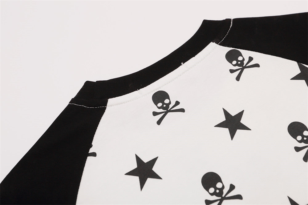 Skull & Star Print Raglan Long Sleeve Graphic Tee – Hip-Hop Color Block
