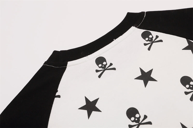 Skull & Star Print Raglan Long Sleeve Graphic Tee – Hip-Hop Color Block