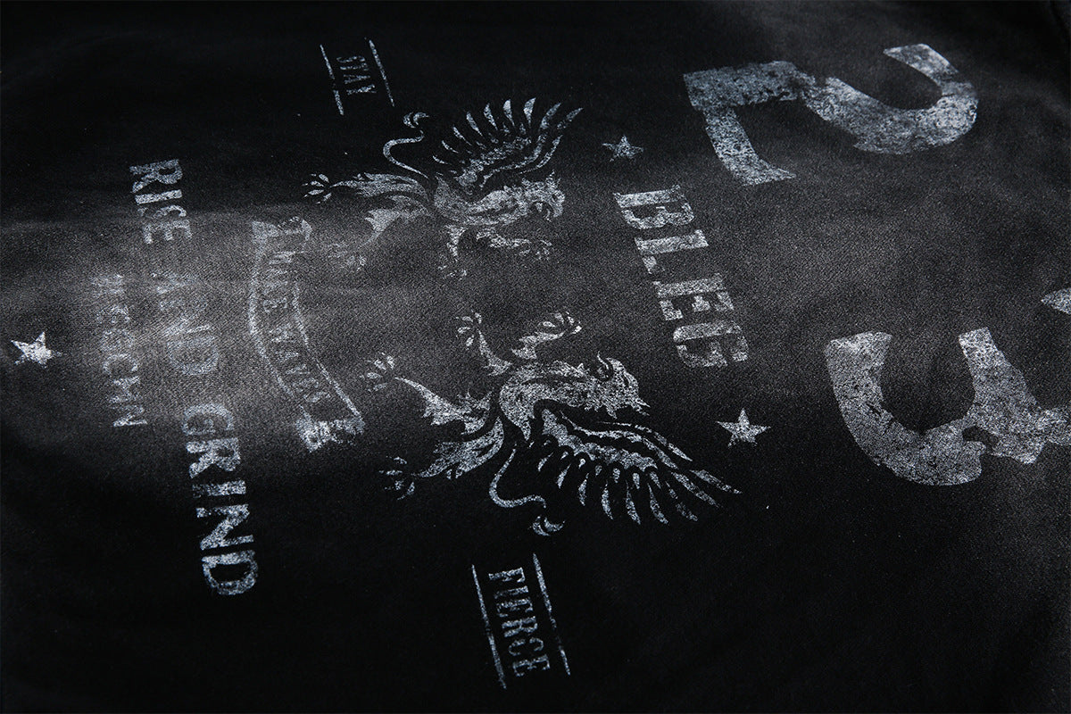 Sweat à capuche zippé délavé – Graphique vintage usé, style street américain