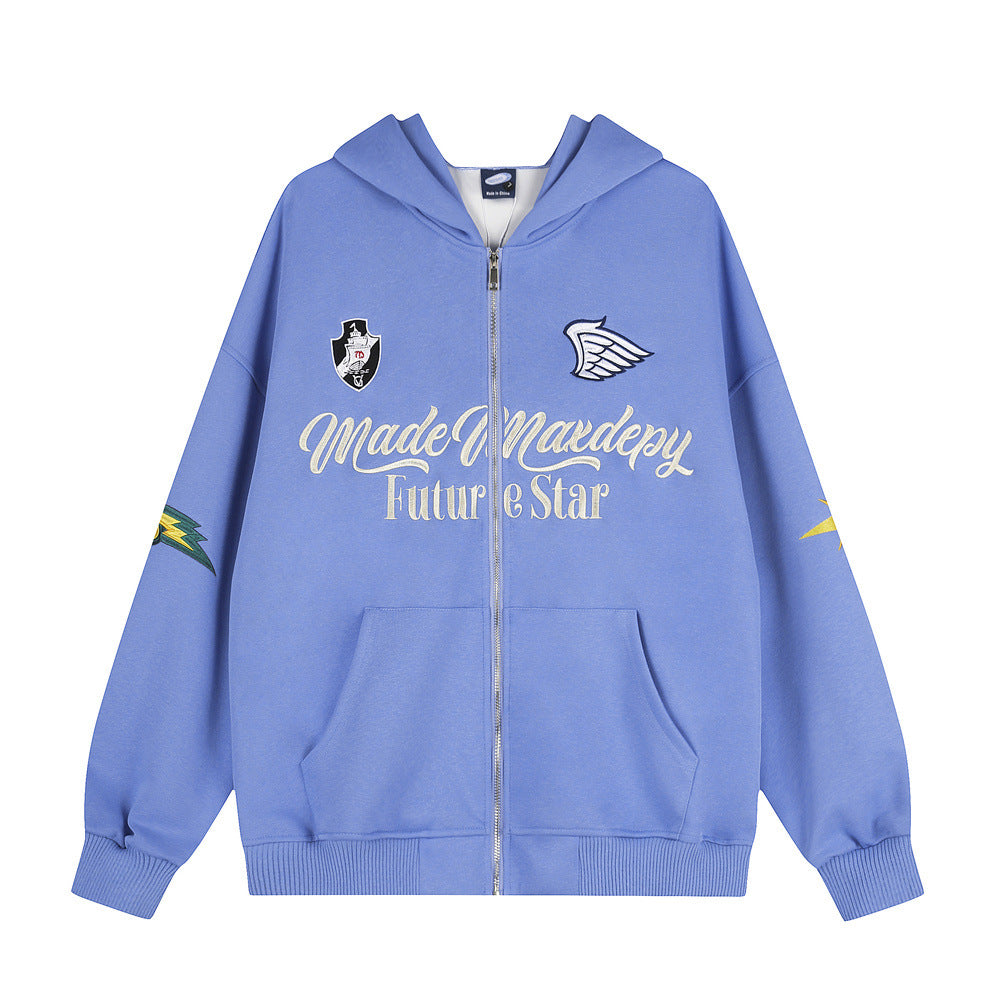 Embroidered Zip-Up Hoodie – Oversized Streetwear Varsity Style