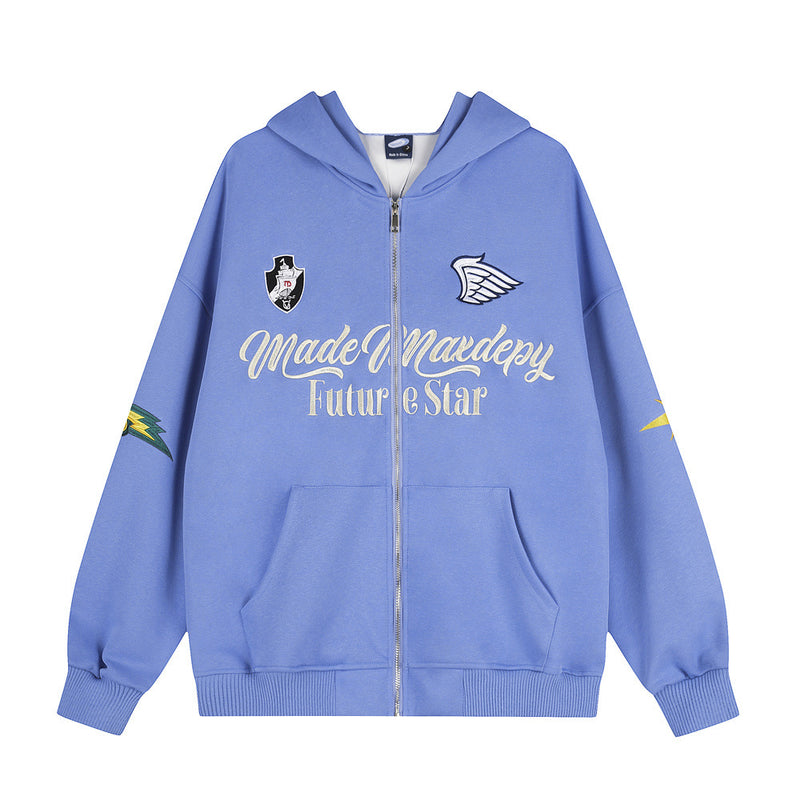 Embroidered Zip-Up Hoodie – Oversized Streetwear Varsity Style