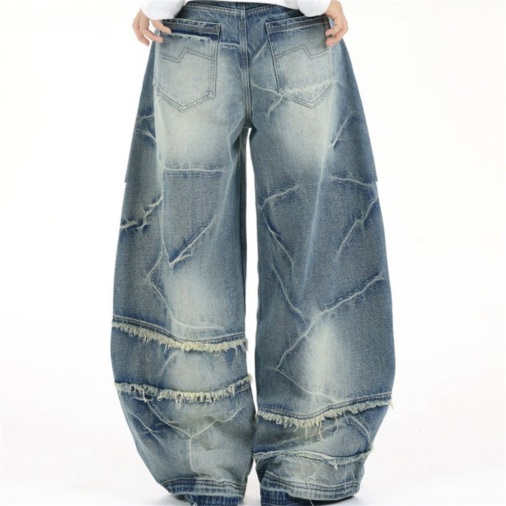 Loose Fit Baggy Jeans Men – Distressed Patchwork Wide-Leg Denim with Raw-Edge