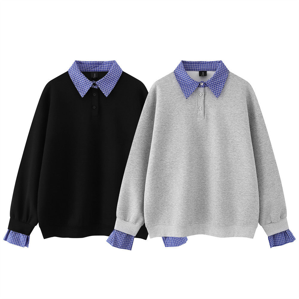 Plaid Collar Faux-Layered Polo Sweatshirt – Relaxed Fit Long Sleeve Top