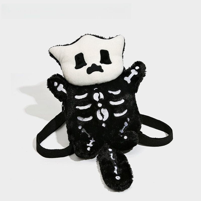 The Seakoff Spooky Skeleton Plush Backpack has a soft black body with white skeletal patterns, adjustable black straps, and a top zipper. This creepy-cute accessory is perfect for Halloween.