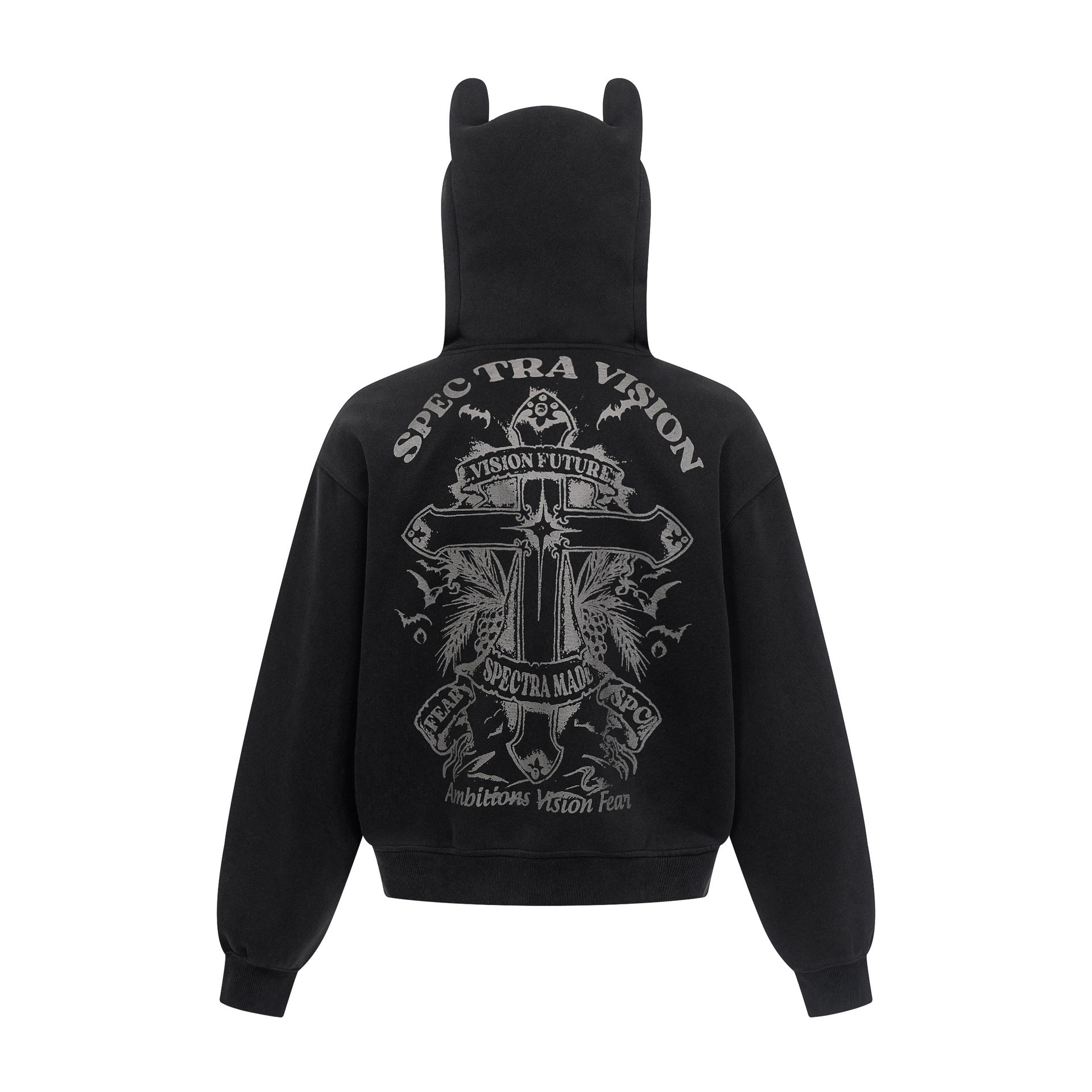 Zip-Hoodie mit Kapuze mit Teufelsohren – Gothic-Kreuz-Graphic-Sweatshirt im Streetwear-Stil