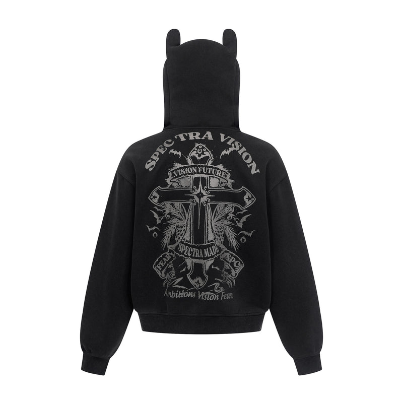 Zip-Hoodie mit Kapuze mit Teufelsohren – Gothic-Kreuz-Graphic-Sweatshirt im Streetwear-Stil