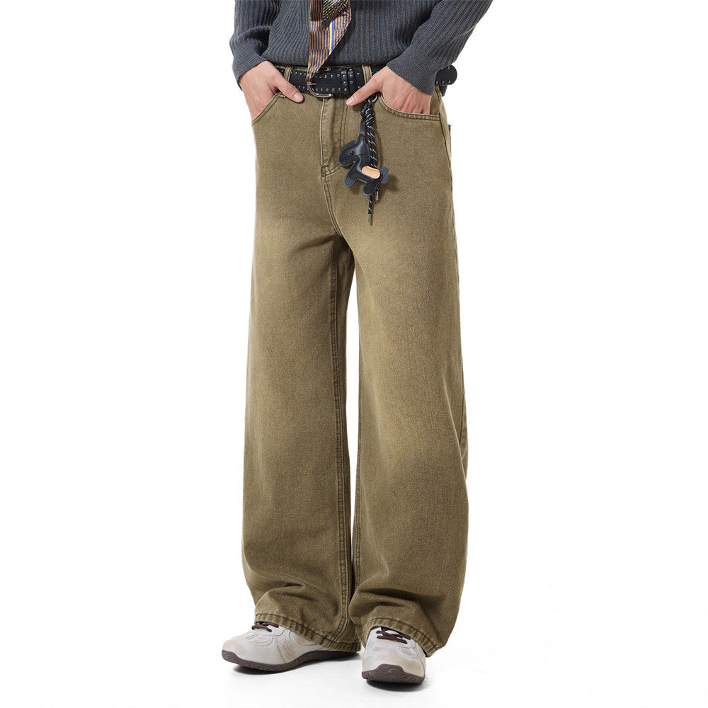 Men's Vintage Washed Wide-Leg Jeans – Relaxed Straight Fit with Horse Charm