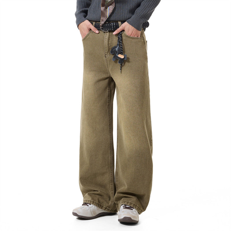 Men's Vintage Washed Wide-Leg Jeans – Relaxed Straight Fit with Horse Charm