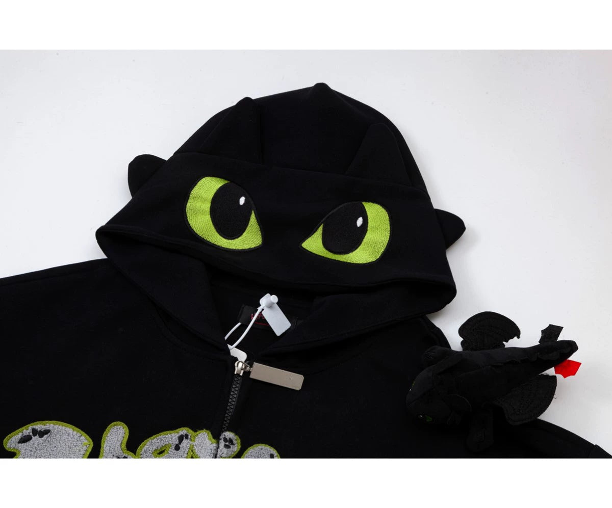 Süßer Night Fury Dragon Hoodie – Anime-inspirierter Hoodie mit durchgehendem Reißverschluss, 3D-Ohren und Spielzeug-Accessoire