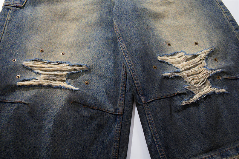 Ripped Wide-Leg Denim Shorts – Distressed Cargo Pocket Washed Jorts