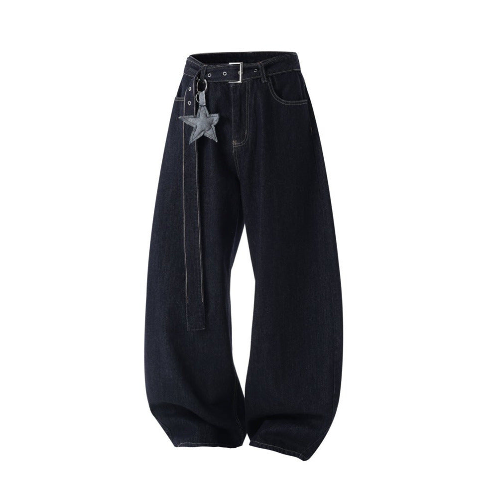 Wide-Leg Dark Indigo Jeans – Oversized Silhouette with Star Charm Belt &