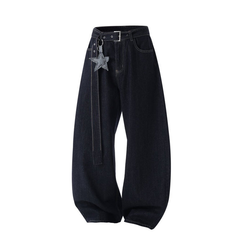 Wide-Leg Dark Indigo Jeans – Oversized Silhouette with Star Charm Belt &