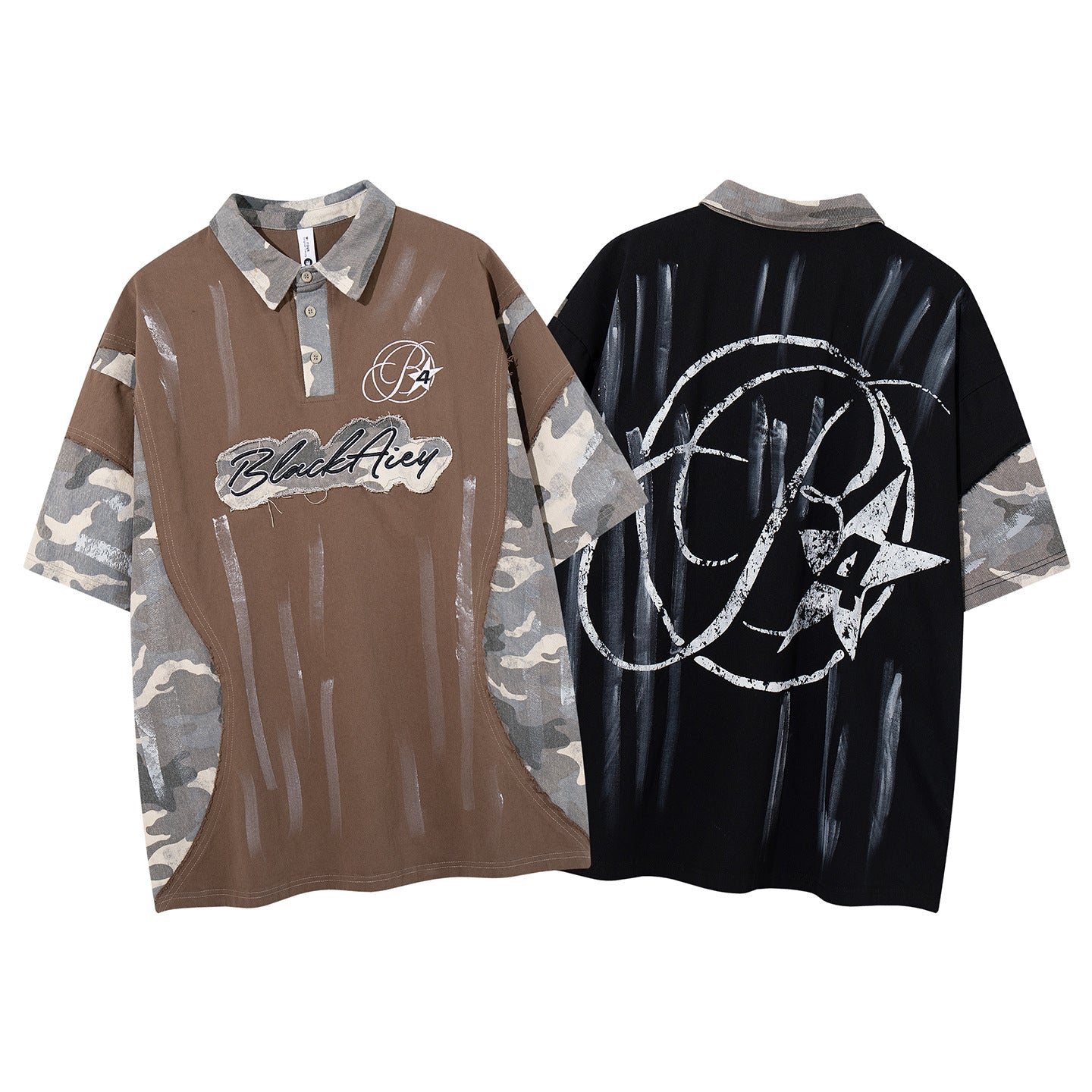 Chemise à manches courtes et col polo – Polo graffiti patchwork camouflage avec pinceau