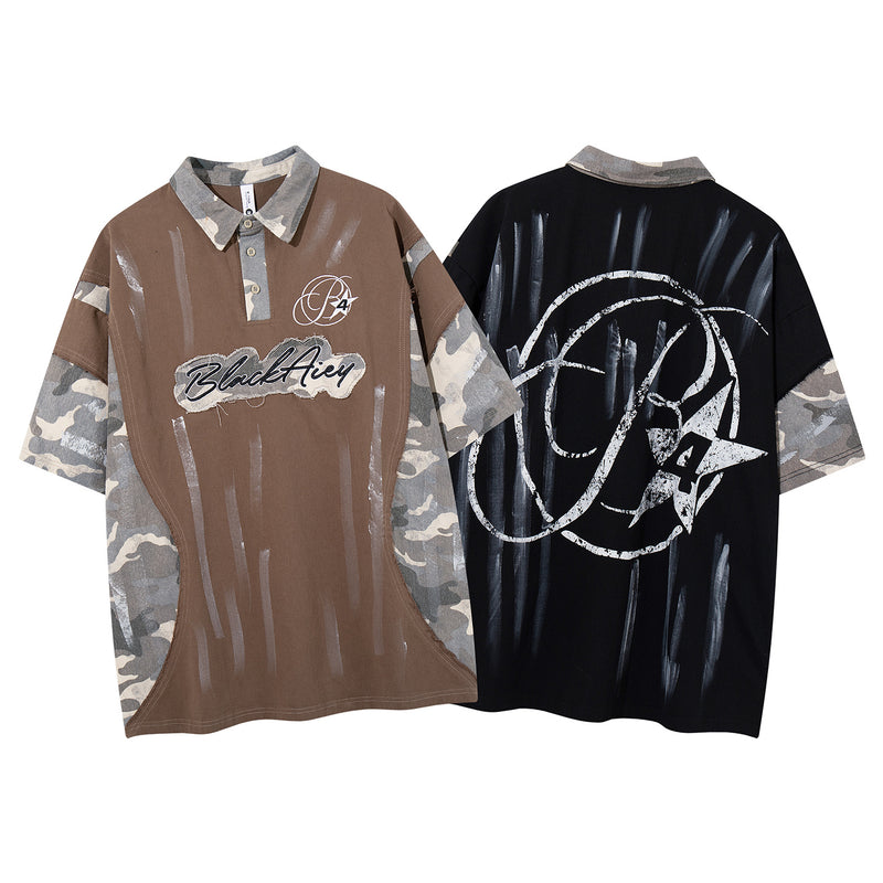 Chemise à manches courtes et col polo – Polo graffiti patchwork camouflage avec pinceau