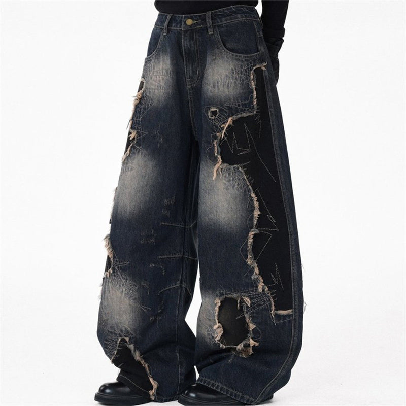 Distressed Patchwork Wide-Leg Jeans – Baggy Ripped Denim with Washed Finish