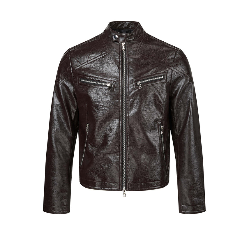 Faux Leather Moto Biker Jacket – Stand Collar with Zip Pockets