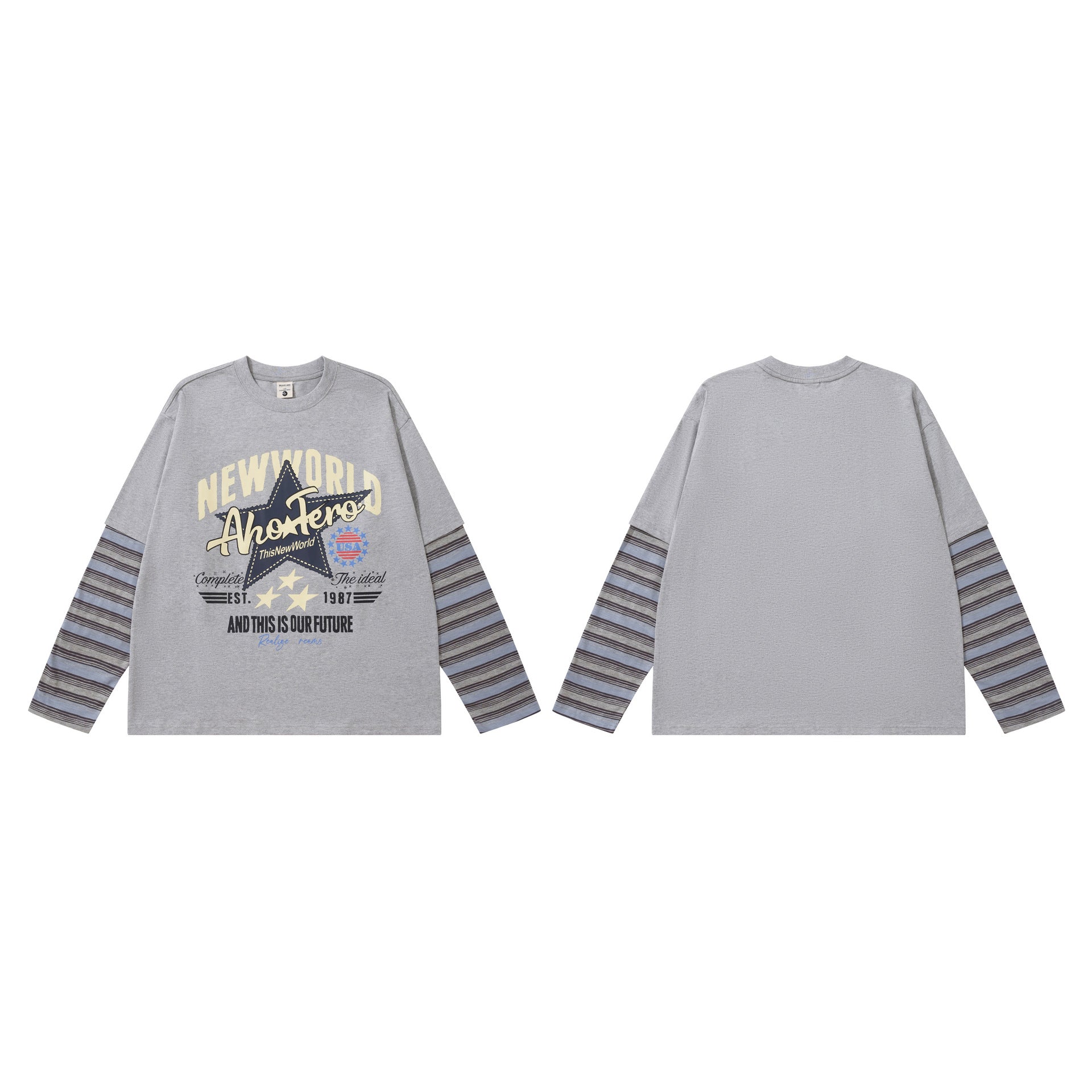 ニューワールド レトロ グラフィック長袖Tシャツ フェイクレイヤード ストライプスリーブ
