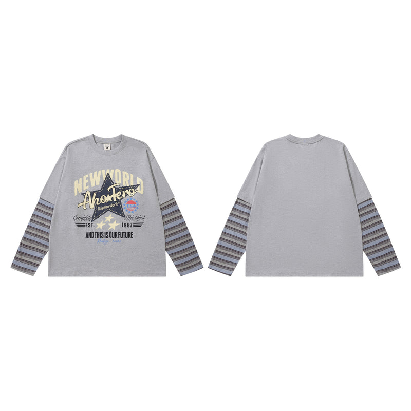 ニューワールド レトロ グラフィック長袖Tシャツ フェイクレイヤード ストライプスリーブ