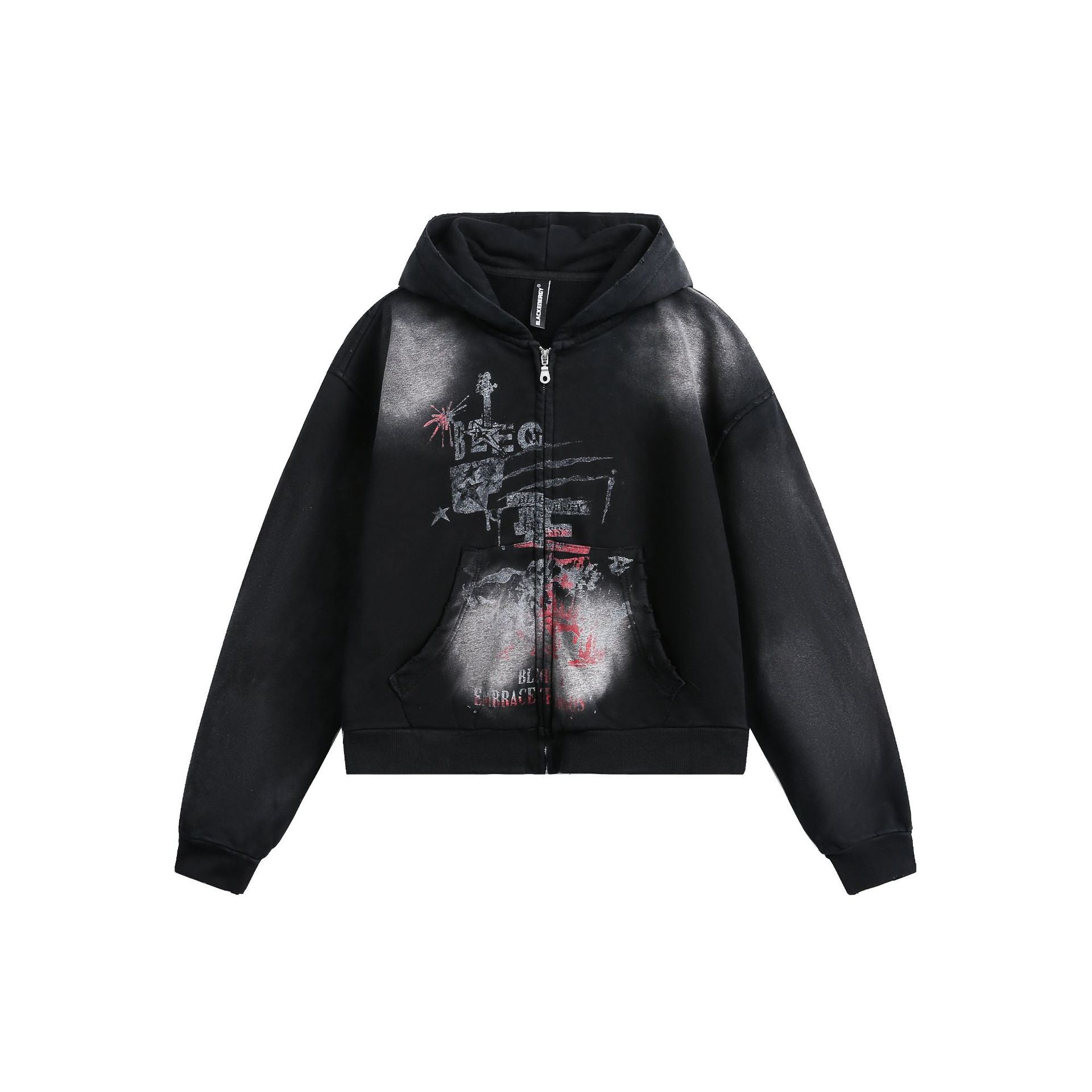 Sweat à capuche zippé délavé – Graphique vintage usé, style street américain