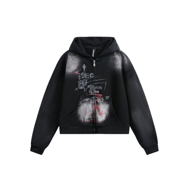 Sweat à capuche zippé délavé – Graphique vintage usé, style street américain