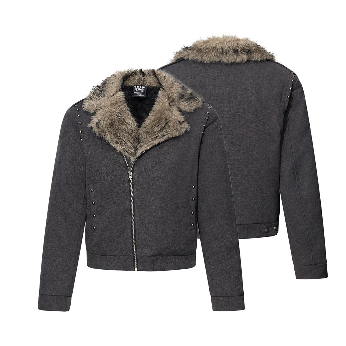 Men's Faux Fur Collar Studded Bomber Jacket – Charcoal Winter Coat