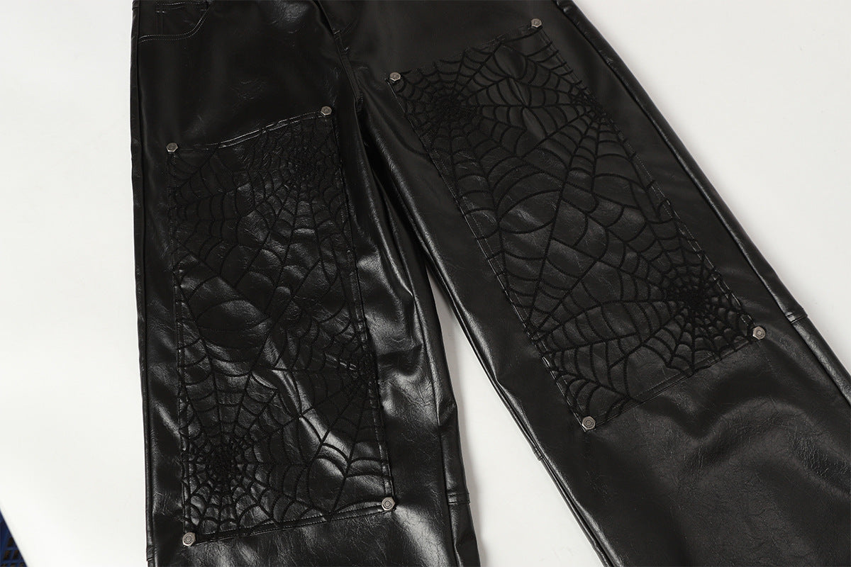 Wide-Leg Faux Leather Pants with Spiderweb Embossed Panels