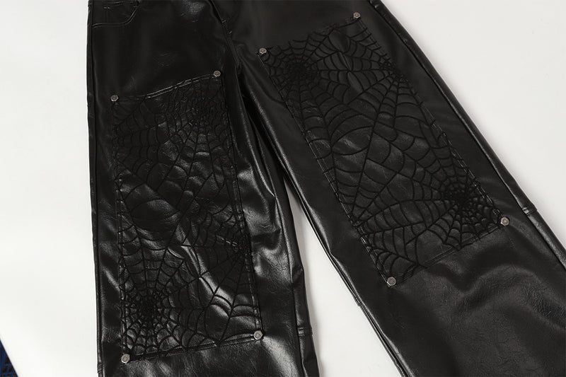 Wide-Leg Faux Leather Pants with Spiderweb Embossed Panels