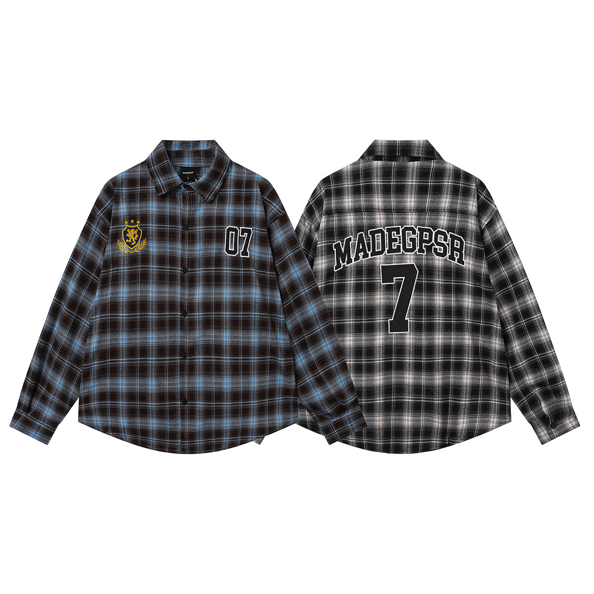 Oversized-Flanell-Overshirt mit Karomuster, gesticktem goldenem Löwenwappen auf der Brust und MADEGPSR-7-Print auf dem Rücken