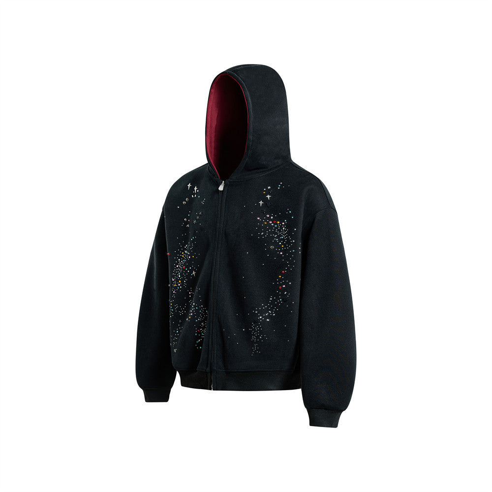 Herren-Zip-Hoodie aus Oversized-Fleece mit Strasssteinen und Galaxie-Sternen