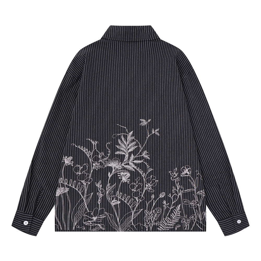 Striped Long Sleeve Shirt Men — Botanical Line Art Print, Relaxed Fit