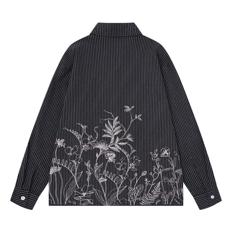 Striped Long Sleeve Shirt Men — Botanical Line Art Print, Relaxed Fit