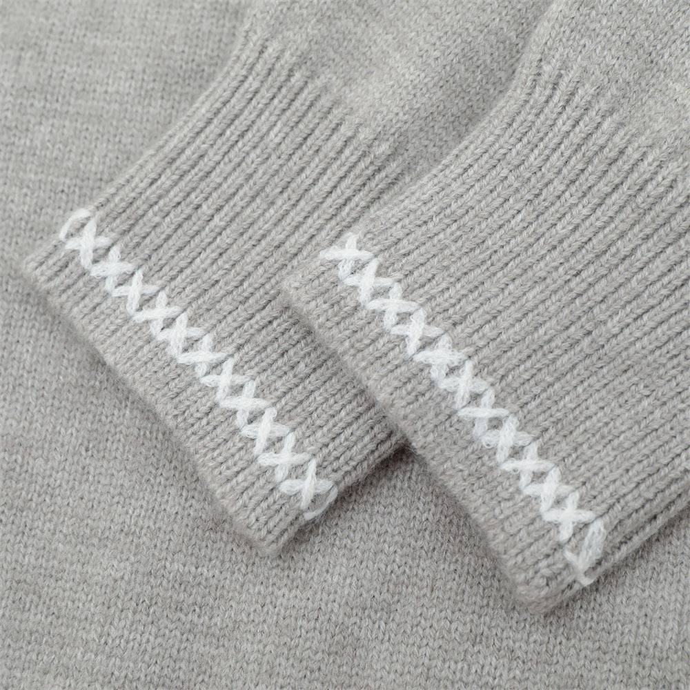 Crew Neck Sweater Men's Oversized Embroidered Knit Pullover