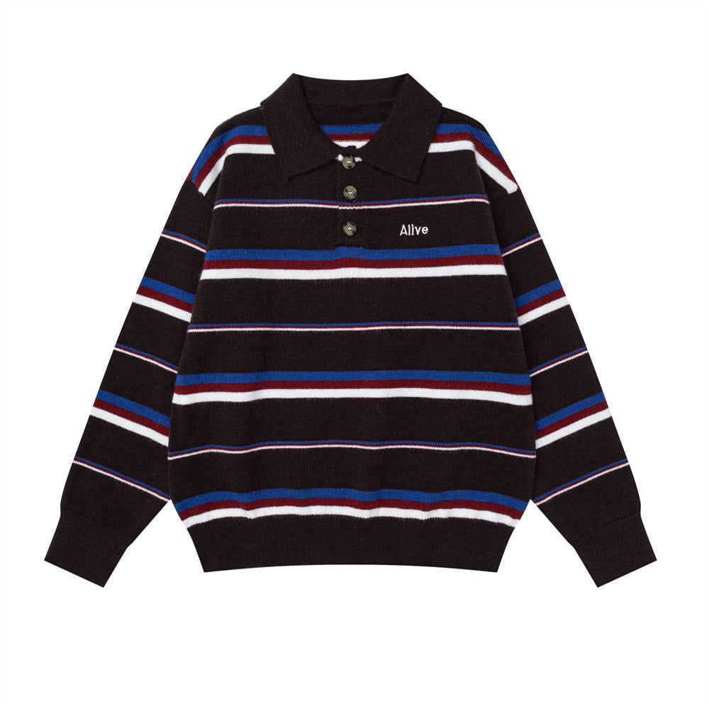 Men's dark brown striped polo collar knit sweater with white, blue, and burgundy horizontal stripes and three-button placket