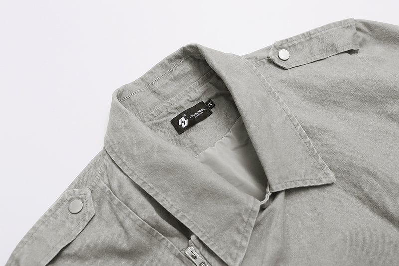 Men's Washed Asymmetric-Zip Moto Jacket with Epaulettes